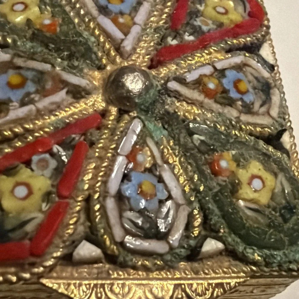 Vintage Italian Micro Mosaic Floral Pill Box Gilt Metal Trinket Box Italy
